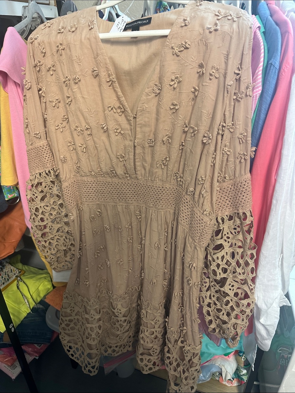 Boston Proper Taupe Crochet & Embroidered Midi Dress